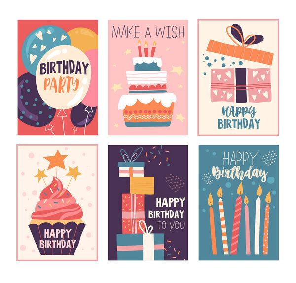 Happy birthday greeting card and invitation set Royalty Free Stock Illustrations