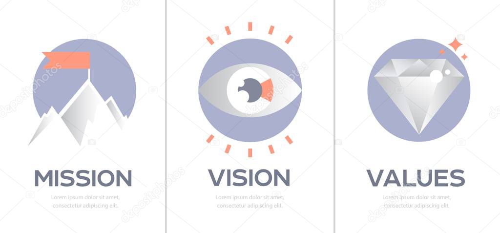 Mission. Vision. Values. Web page template Vector design concept.