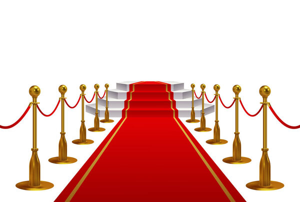 Красная дорожка с золотыми металлическими барьерами и веревкой
