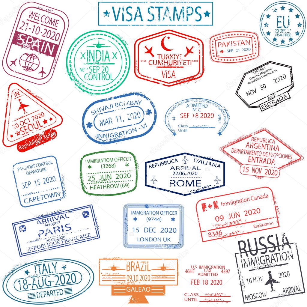 Set of arrival and departure visa stamps