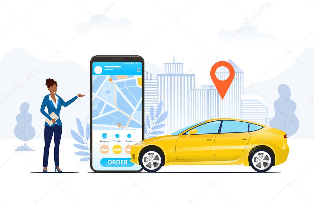 Ride hailing app on a mobile phone in a city