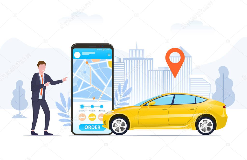 Businessman using a ride hailing app to order