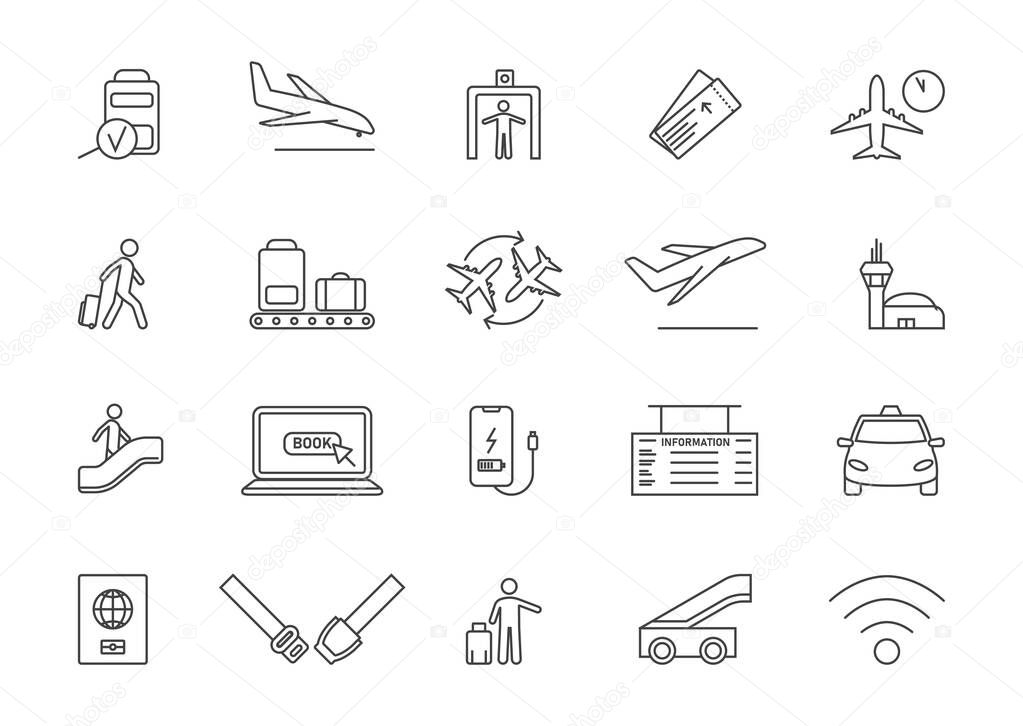Set of assorted line airport and travel icons