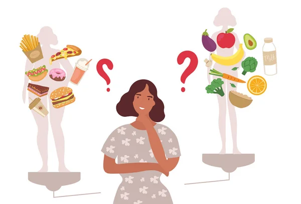 Выбор женщины между здоровой и нездоровой пищей — стоковый вектор