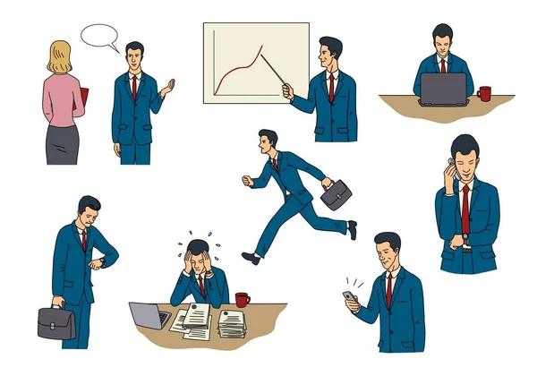 Zeichnungen von Geschäftsleuten, die acht Tätigkeiten ausführen — Stockvektor