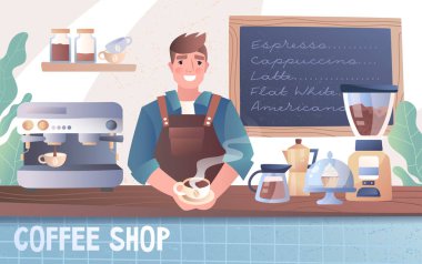 Kahve dükkanında gülümseyen mutlu barista.