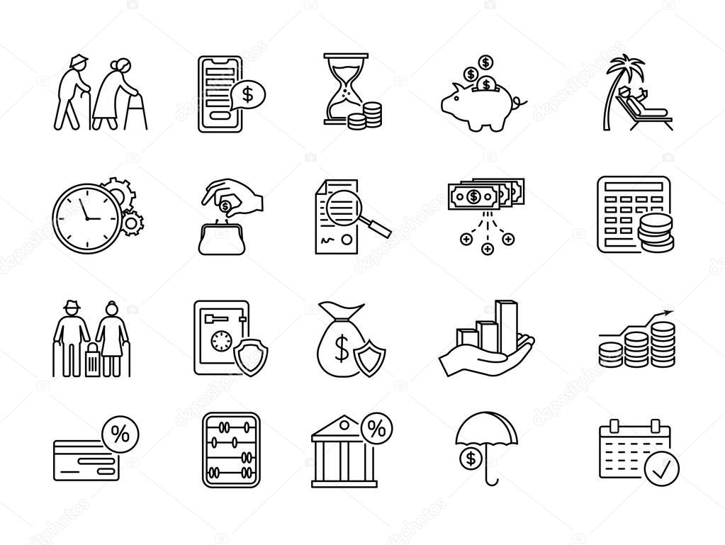 Large set of icons for a pension plan