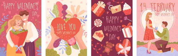 Cuatro tarjetas de dibujos animados lindo Día de San Valentín feliz — Vector de stock