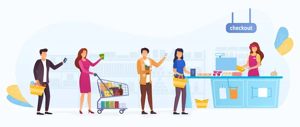 Fila de compradores em um supermercado — Vetor de Stock