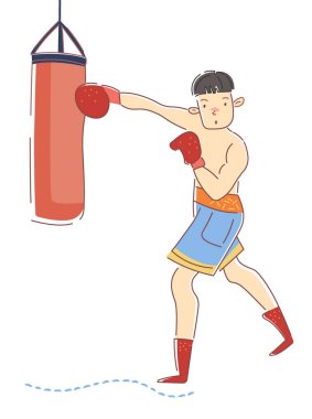 Spor salonunda boksör eğitimi. Genç sporcu kum torbasını tekmeliyor. Boks eldiveni giyen çocuk. Profesyonel spor. Adam yarışmaya hazırlanıyor. Vektör çizimi. Beyaz arkaplanda izole