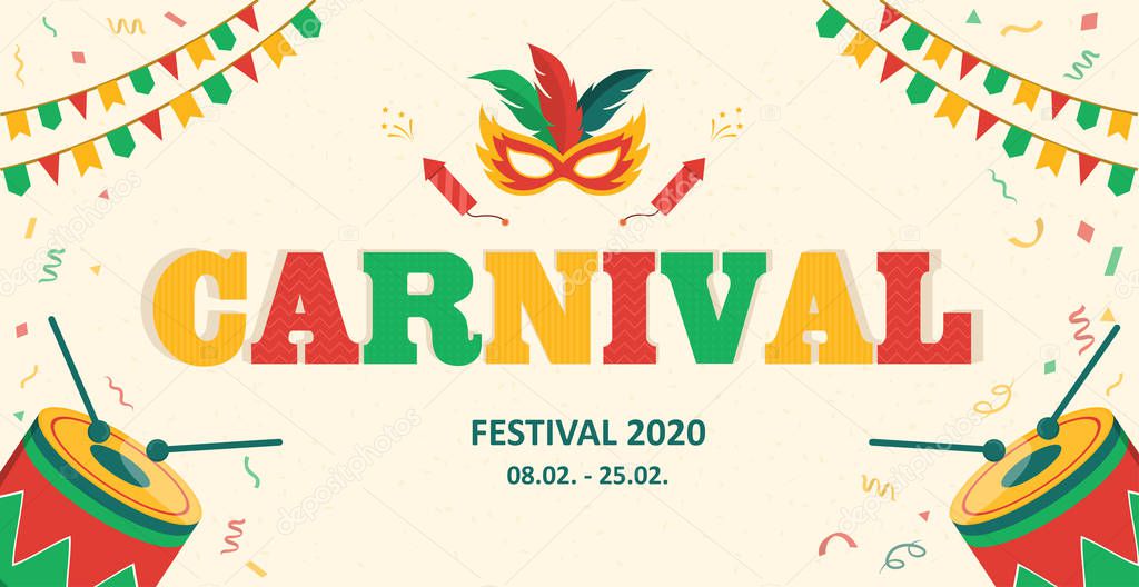 Carnival advertising banner with copy space with red, green and yellow themed text, bunting, mask and drums for Festival, vector illustration