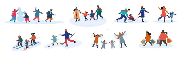 Conjunto de ocho actividades familiares diferentes en invierno — Vector de stock