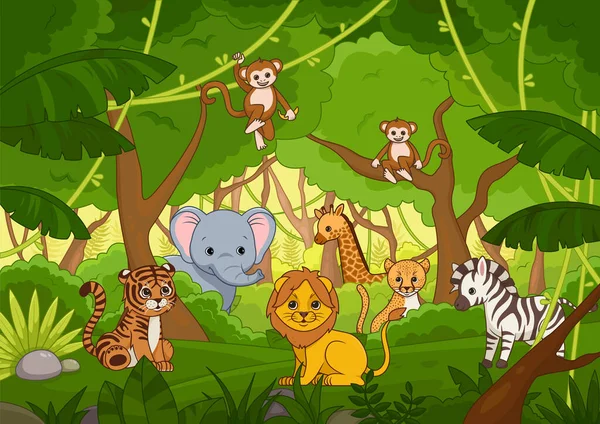 Assorted cute cartoon animals in a jungle — Stock vektor