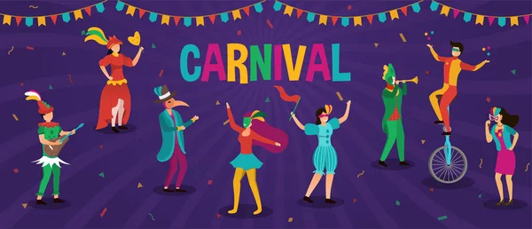 Bannière de carnaval avec des gens en costumes de fête — Image vectorielle