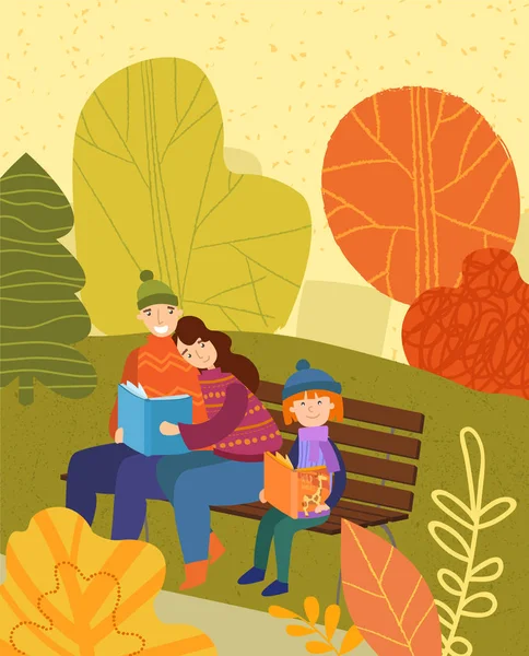 Rodzina siedząca na ławce relaksująca się w jesiennym parku — Wektor stockowy