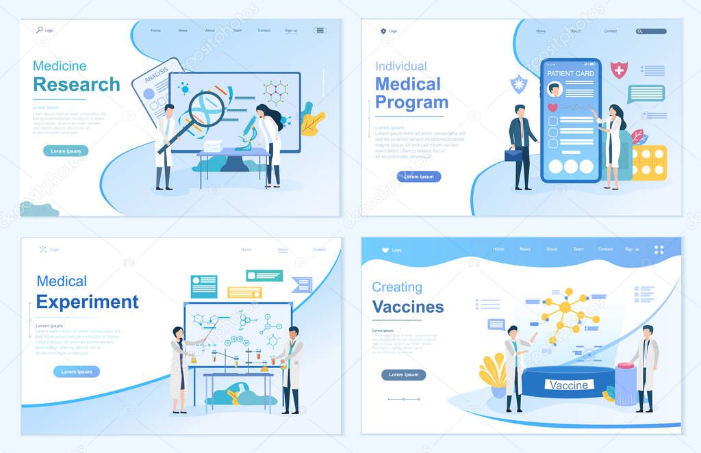 Set of healthcare and medicine templates depicting online and lab research, experiments, online medical program and clinic doing vaccinations, vector illustrations