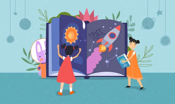 Dos niños pequeños leyendo un libro de fantasía espacial — Vector de stock