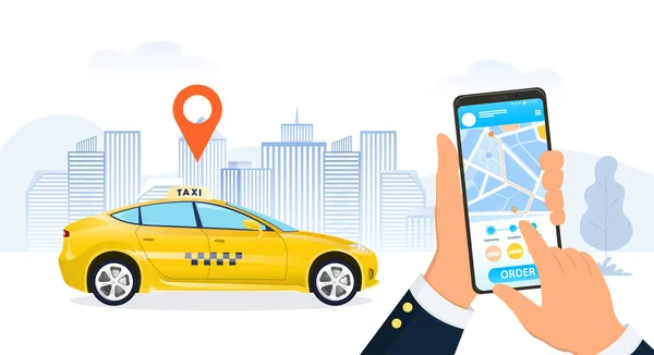 Zakenman met behulp van een rit aanroepen app voor een taxi — Stockvector