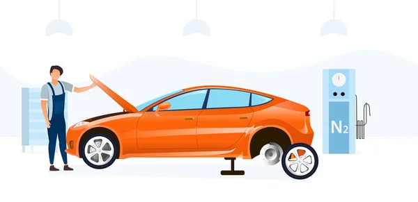 Mecânico fazendo um serviço de carro mudando um pneu — Vetor de Stock