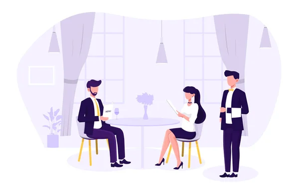 Pareja cenando en un restaurante con camarero — Vector de stock