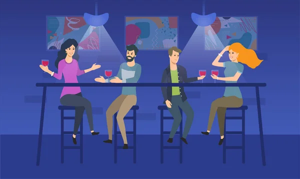 Two young couples enjoying drinks at a bar — Stockvector