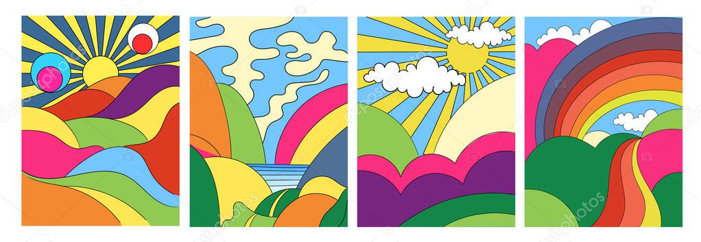 Set of modern colorful psychedelic landscapes