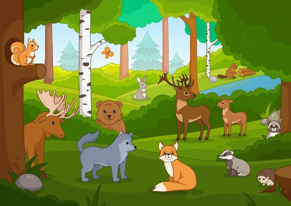 Vários animais de desenhos animados na floresta — Vetor de Stock