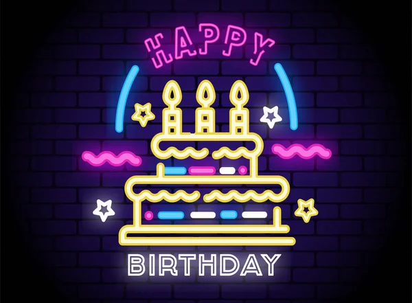 Feliz cumpleaños letrero de neón con pastel — Vector de stock