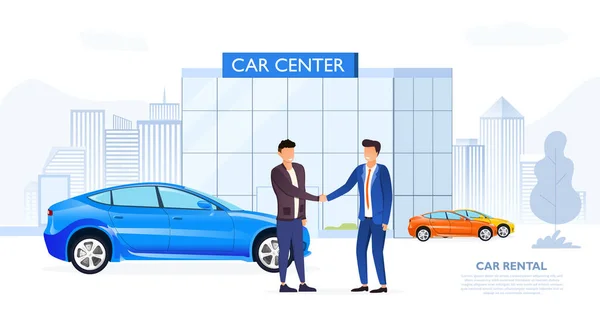 Клиенты пожимают руку продавцам автомобилей — стоковый вектор