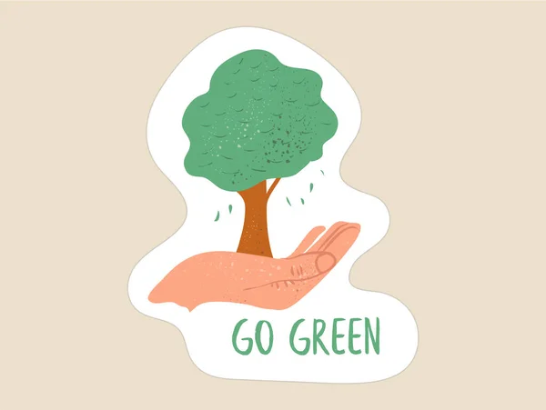 Go Green segno con una mano e un albero — Vettoriale Stock