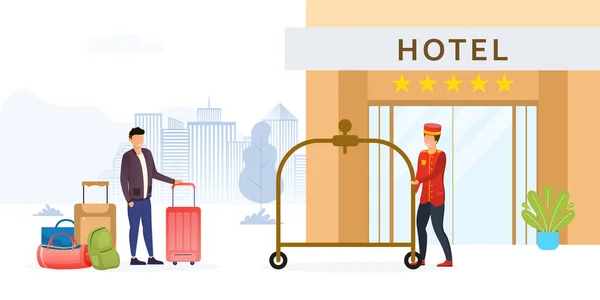 Hotelportier rollt den Einkaufswagen für Gepäck aus — Stockvektor