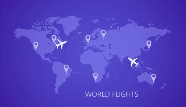 Mapa del mundo con aeropuertos y aviones — Vector de stock