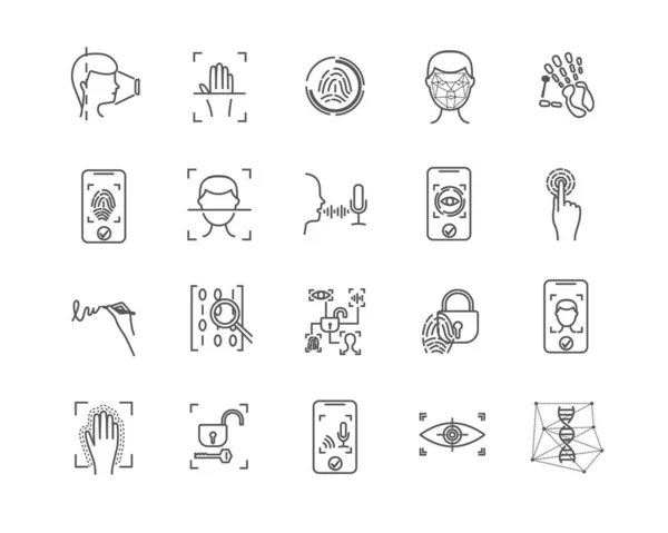 Set of simple black line icons on biometrics — Stock Vector