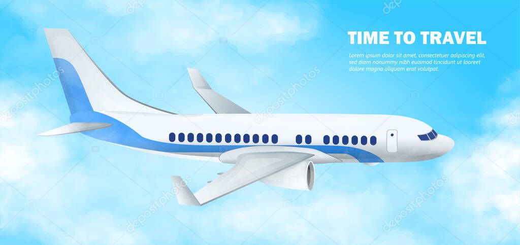 Time to travel image with the airplane during the flight in the sky among clouds, viewed from the side