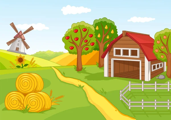 Colorido paisaje de granja con huerto de frutas — Vector de stock