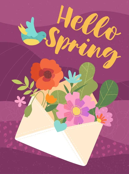 Hello Spring greeting card design with flowers — Stock Vector