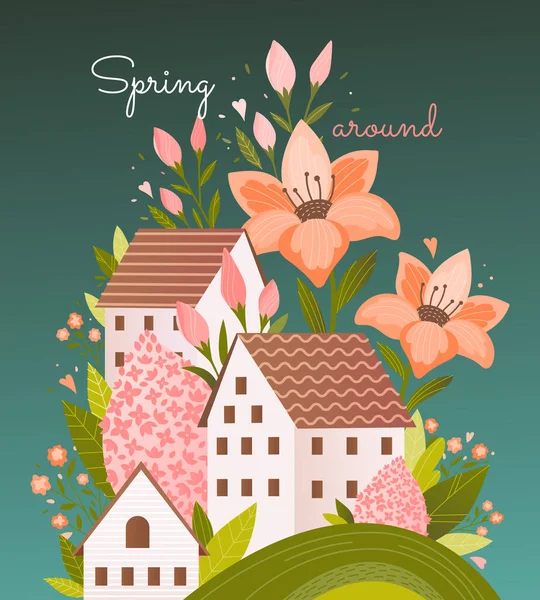 꽃이 달린 화려 한 봄 포스터 디자인 — 스톡 벡터
