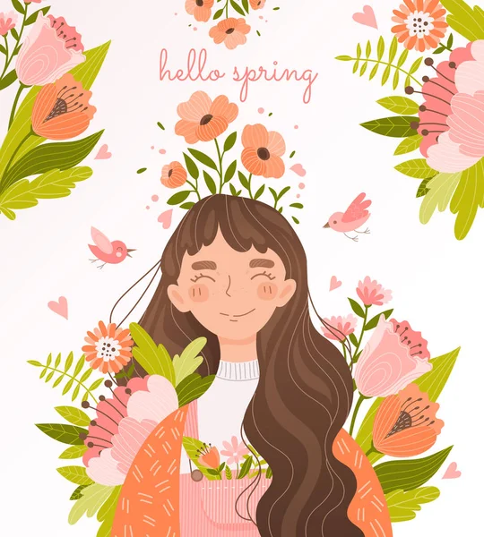 Hallo voorjaar bloemen kaart ontwerp met jong meisje — Stockvector