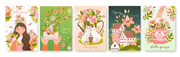Conjunto de cinco diferentes diseños de tarjetas de temporada de primavera — Vector de stock
