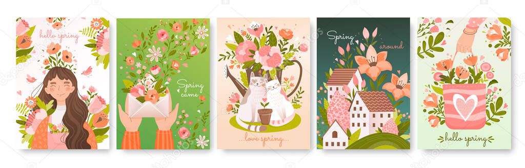 Set of five different Spring season card designs