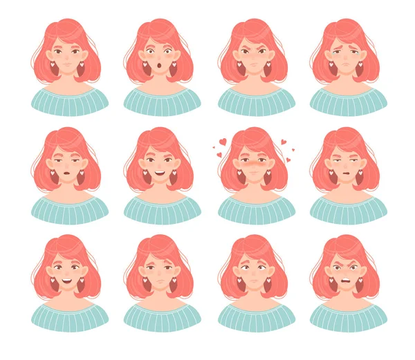 Set of twelve female face emoticons — Stock Vector