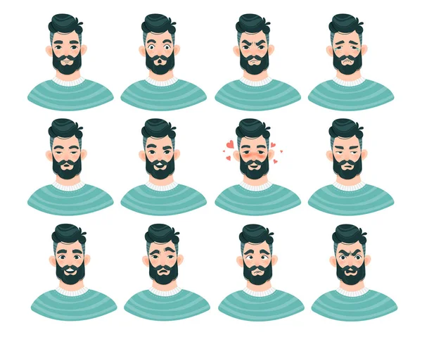 Large set of male emoticons with bearded man — Stock Vector