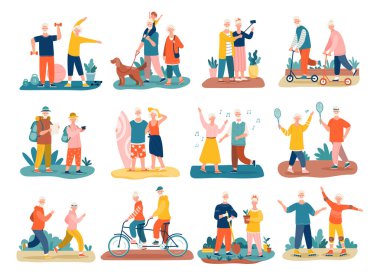 Active seniors concept with colorful icons clipart