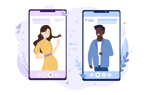 Citas aplicación que muestra a un hombre y una mujer en los móviles — Vector de stock
