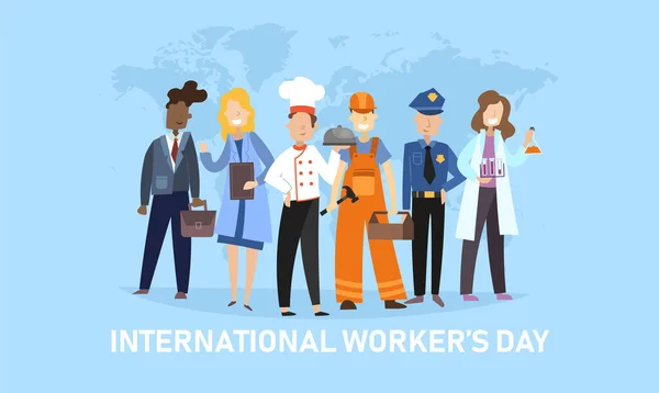 Banner del Día Internacional de los Trabajadores con diversas personas — Vector de stock