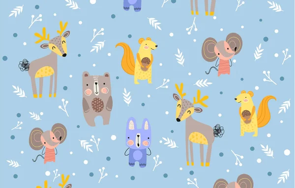 Візерунок лісових тварин на холодному синьому фоні — стоковий вектор
