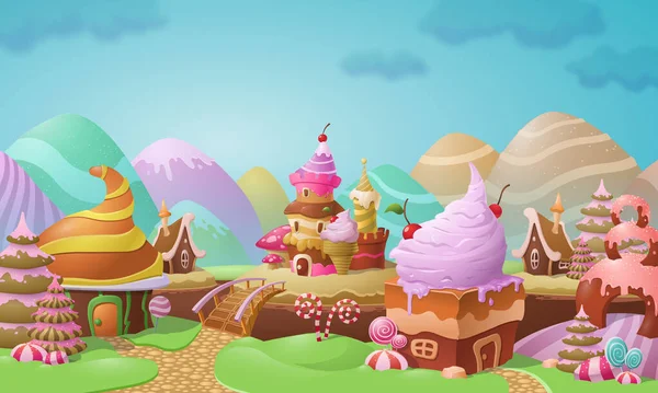 Colorido paisaje de ciudad de dulces con confitería — Vector de stock