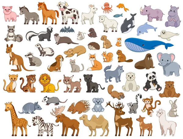 Serie ilustrada de varios animales terrestres y marinos — Vector de stock