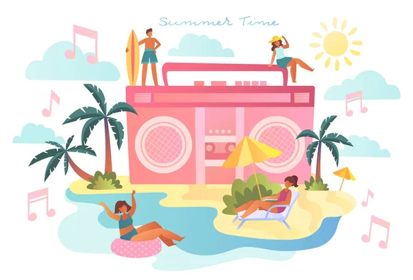 Tema da hora de verão com música e pessoas tomando sol — Vetor de Stock