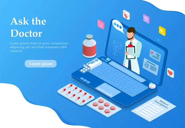 Online läkare koncept med bärbar dator och medicin — Stock vektor